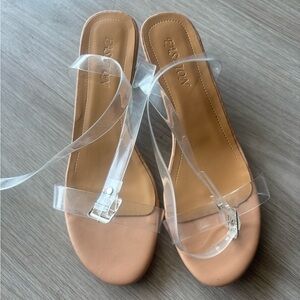Tan Heels with Clear Straps and Ankle Support